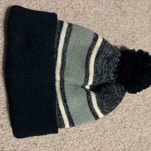 Striped Kids Beanie with Pom Pom - Black and Gray